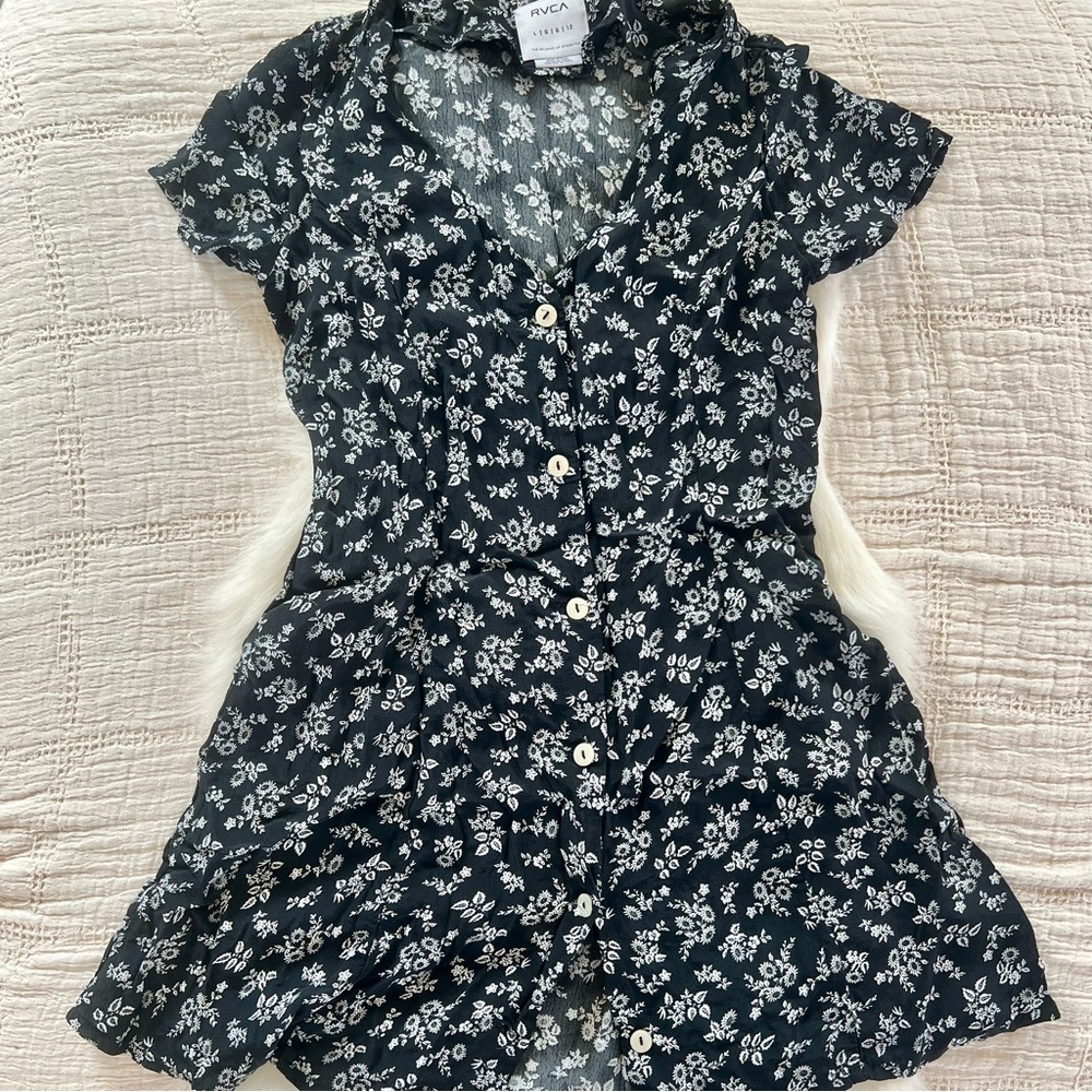 RVCA Black Mini Dress with White Floral Print